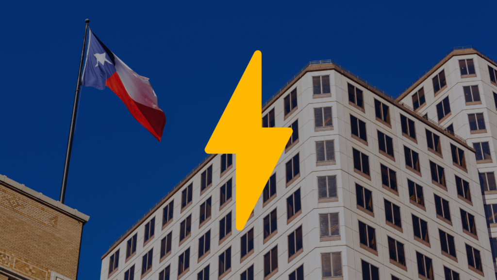 A lightening bolt in front of a Texas building